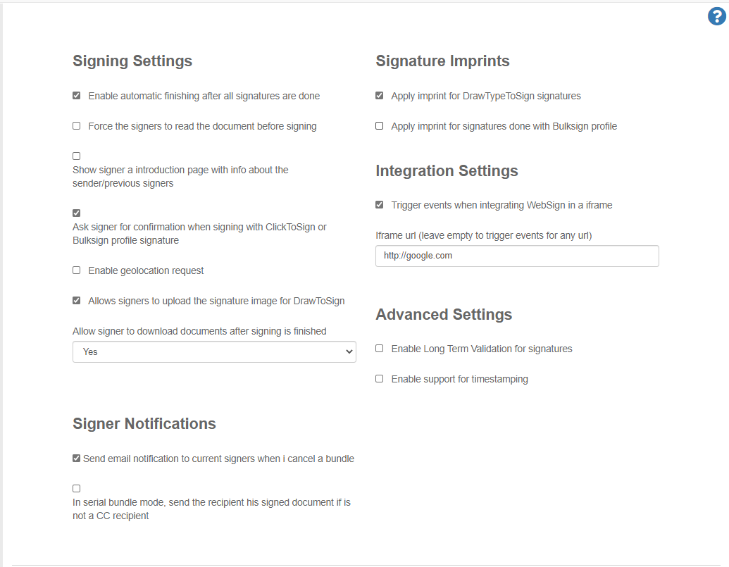 signing settings